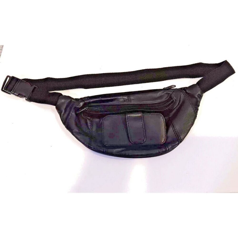 Black Faux Leather‎ Fanny Pack Waist Bag Travel Organizer-